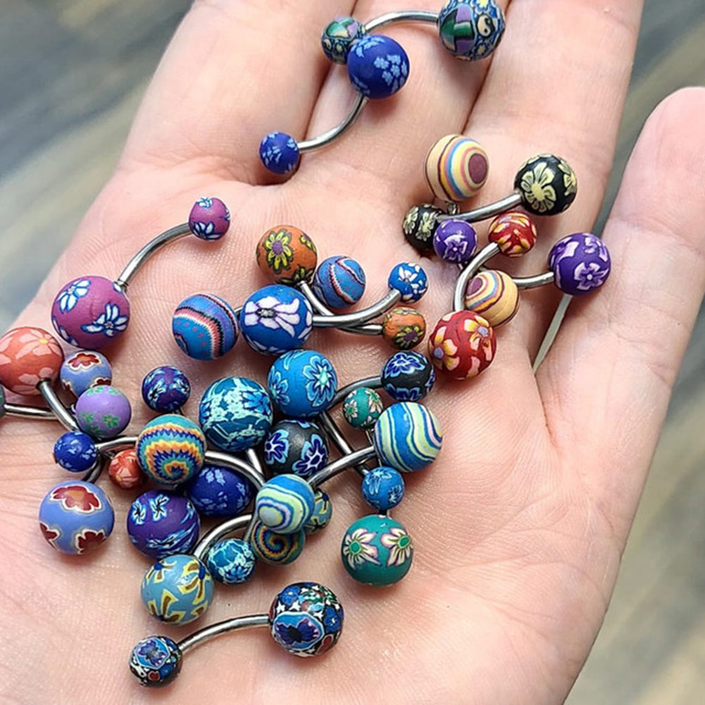 Surgical Steel & Silicone 14G Clay Flower Belly Button Rings - 10 Pack