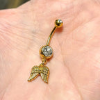 Surgical Steel 14 Gauge Belly Ring with PVD Gold Angel Wings Dangle - photo 3