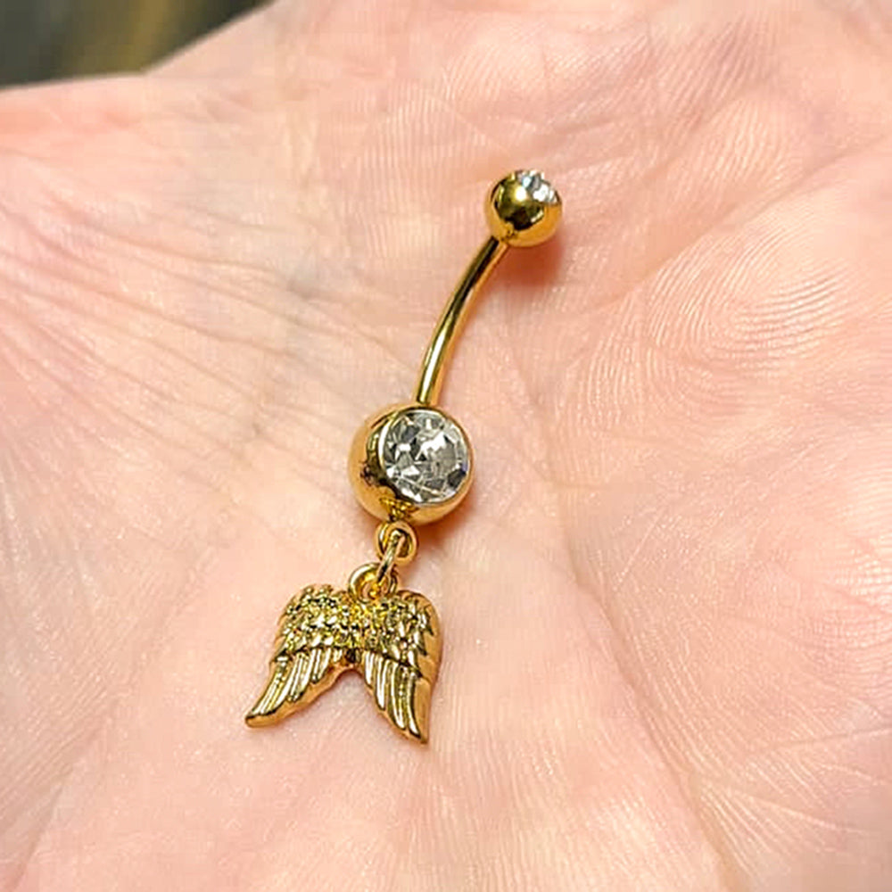 Surgical Steel 14 Gauge Belly Ring with PVD Gold Angel Wings Dangle - photo 3
