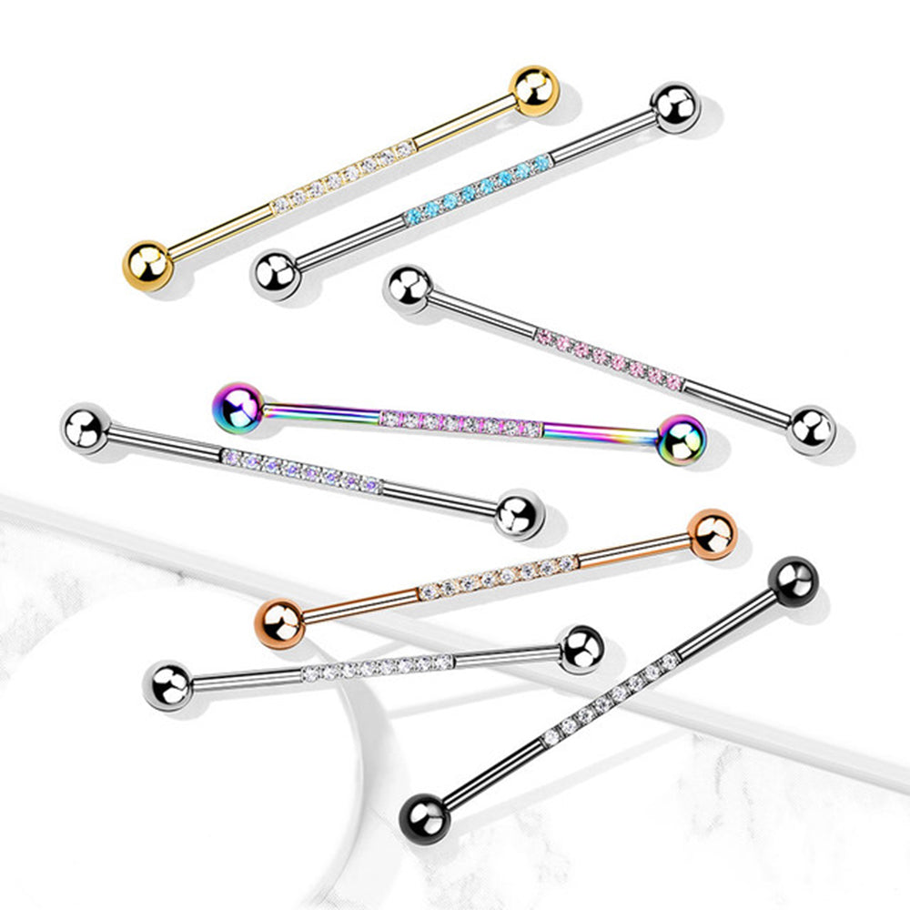 Surgical Steel 14 Gauge Industrial Barbell with CNC Lined CZ - photo 3