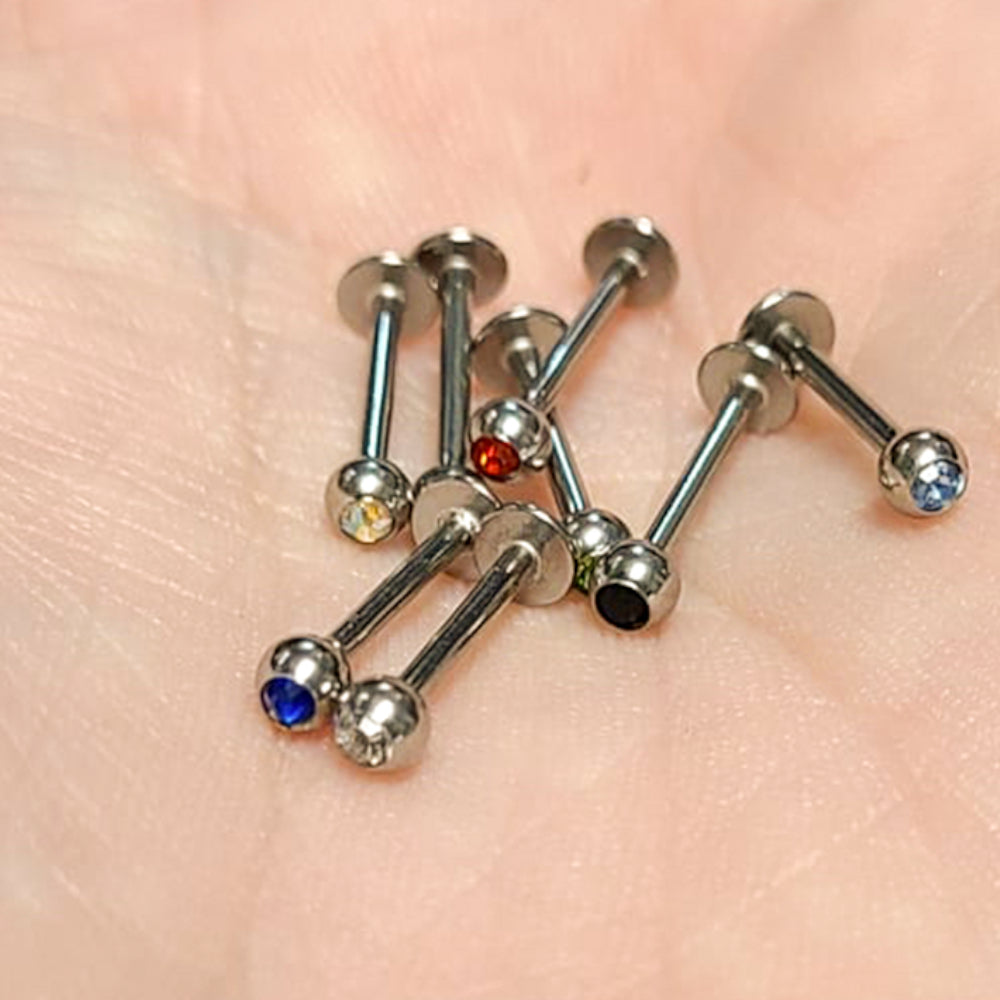 Surgical Steel 16 Gauge Crystal CZ Top Flat Back Labret Studs 10mm