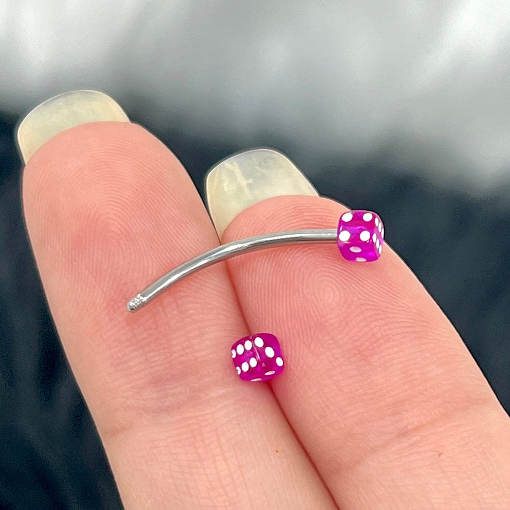 Surgical Steel & Titanium Curved Barbell 16G with Purple Acrylic Dice - photo 3