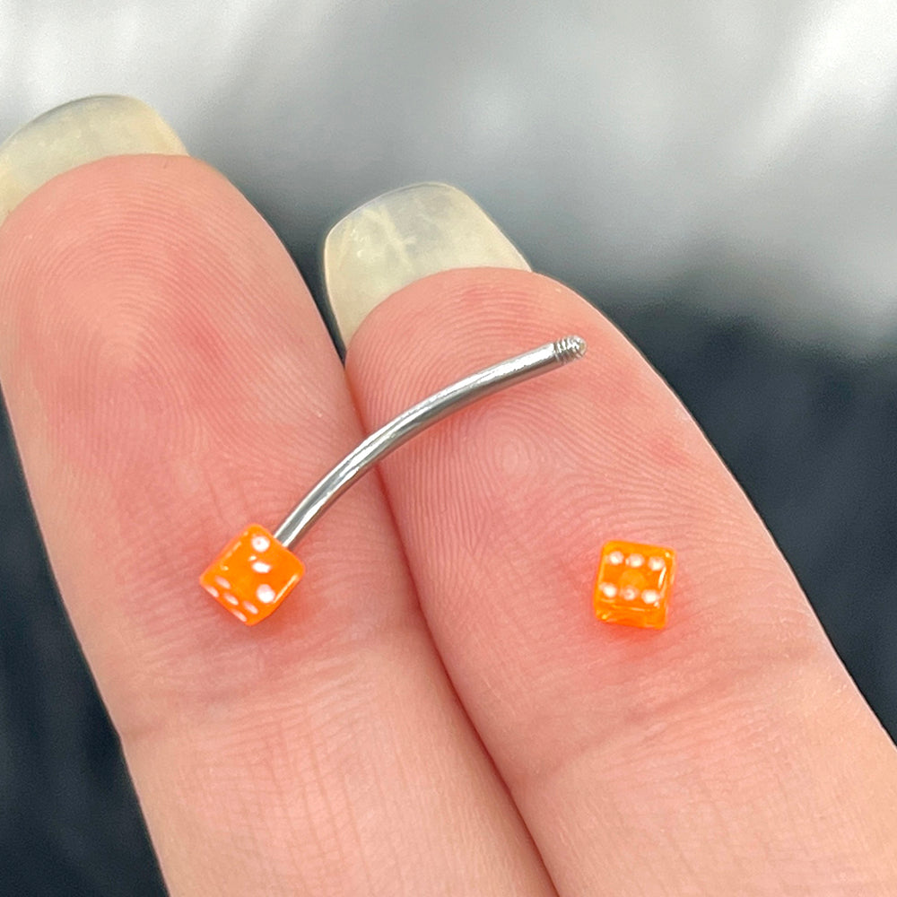 Surgical Steel & Titanium Curved Barbell 16G with Orange Acrylic Dice - photo 3