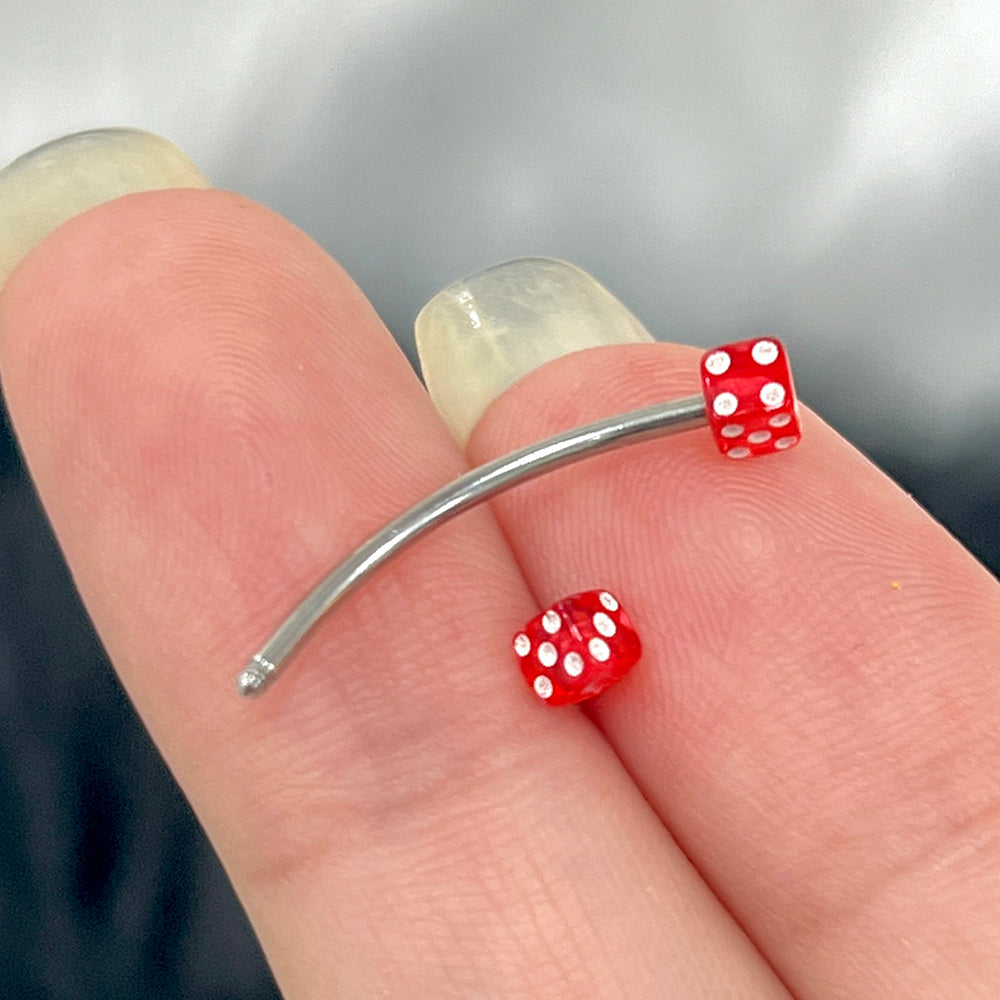 Surgical Steel & Titanium Curved Barbell 16G with Red Acrylic Dice - photo 3