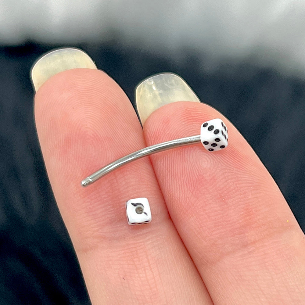Surgical Steel & Titanium Curved Barbell 16G with White Acrylic Dice - photo 3