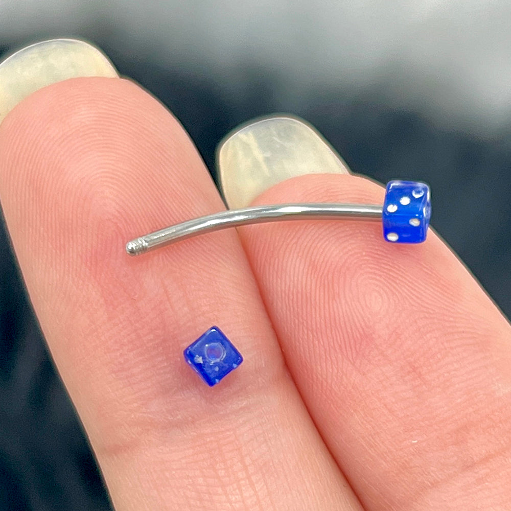 Surgical Steel & Titanium Curved Barbell 16G with Blue Acrylic Dice - photo 3