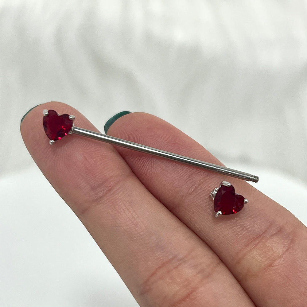 Surgical Steel 14 Gauge Industrial Barbell with Red CZ Heart - photo 2