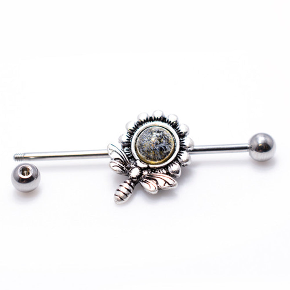 Surgical Steel 14 Gauge Industrial Barbell with Antique Flower Bee