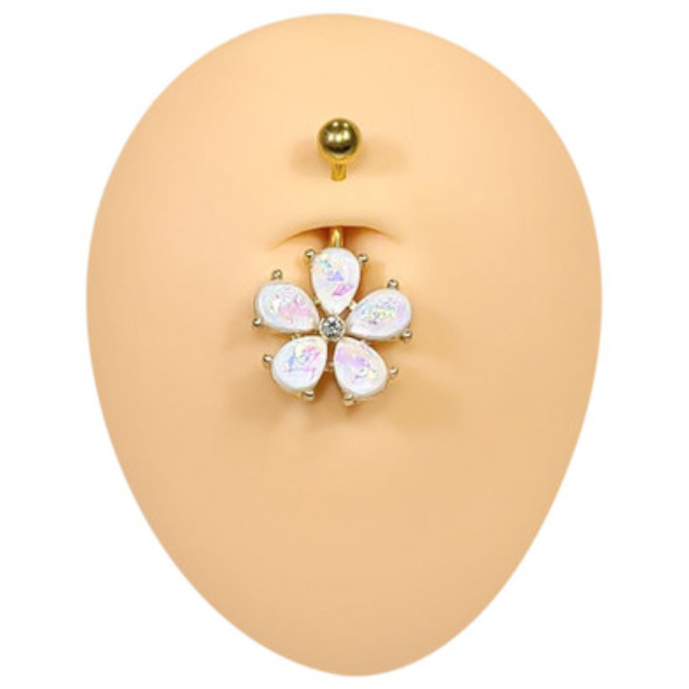 Surgical Steel 14 Gauge Belly Ring with Gold Opal Flower - photo 3