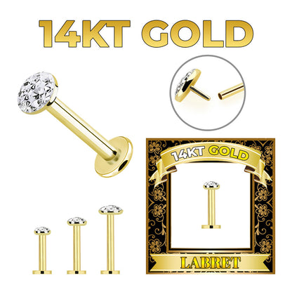 14K Solid Gold Flat Back Labret 16 Gauge 12mm to 16mm with CZ - photo 2