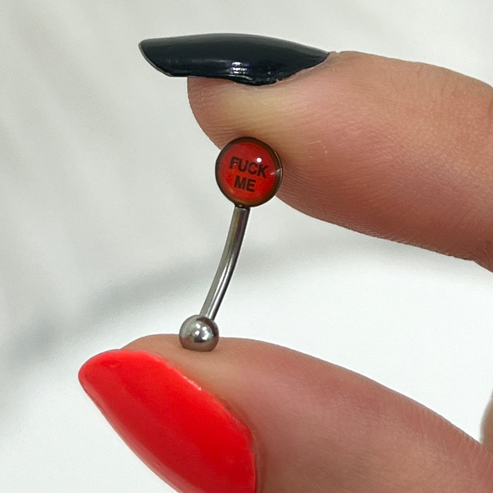 Surgical Steel 16 Gauge Curved Eyebrow Barbell Logo Symbol Fuck Me - View 2