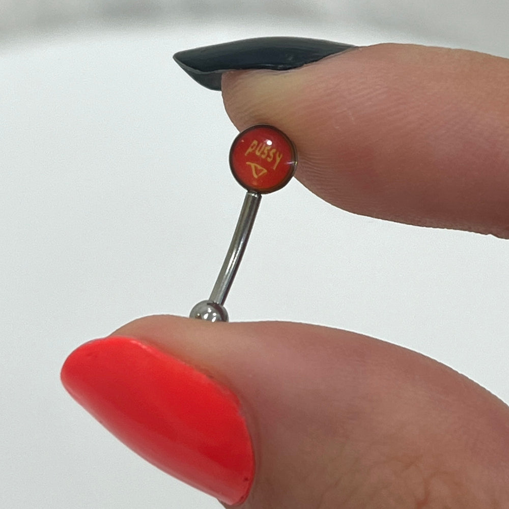 Surgical Steel 16 Gauge Curved Eyebrow Barbell with Logo Symbol Pussy - View 2