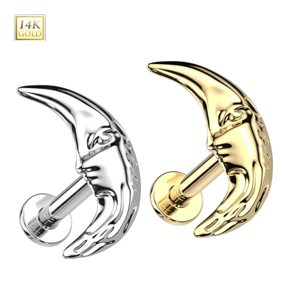 14K Solid Gold 18 Gauge Threadless Face in Crescent Moon Labret Stud