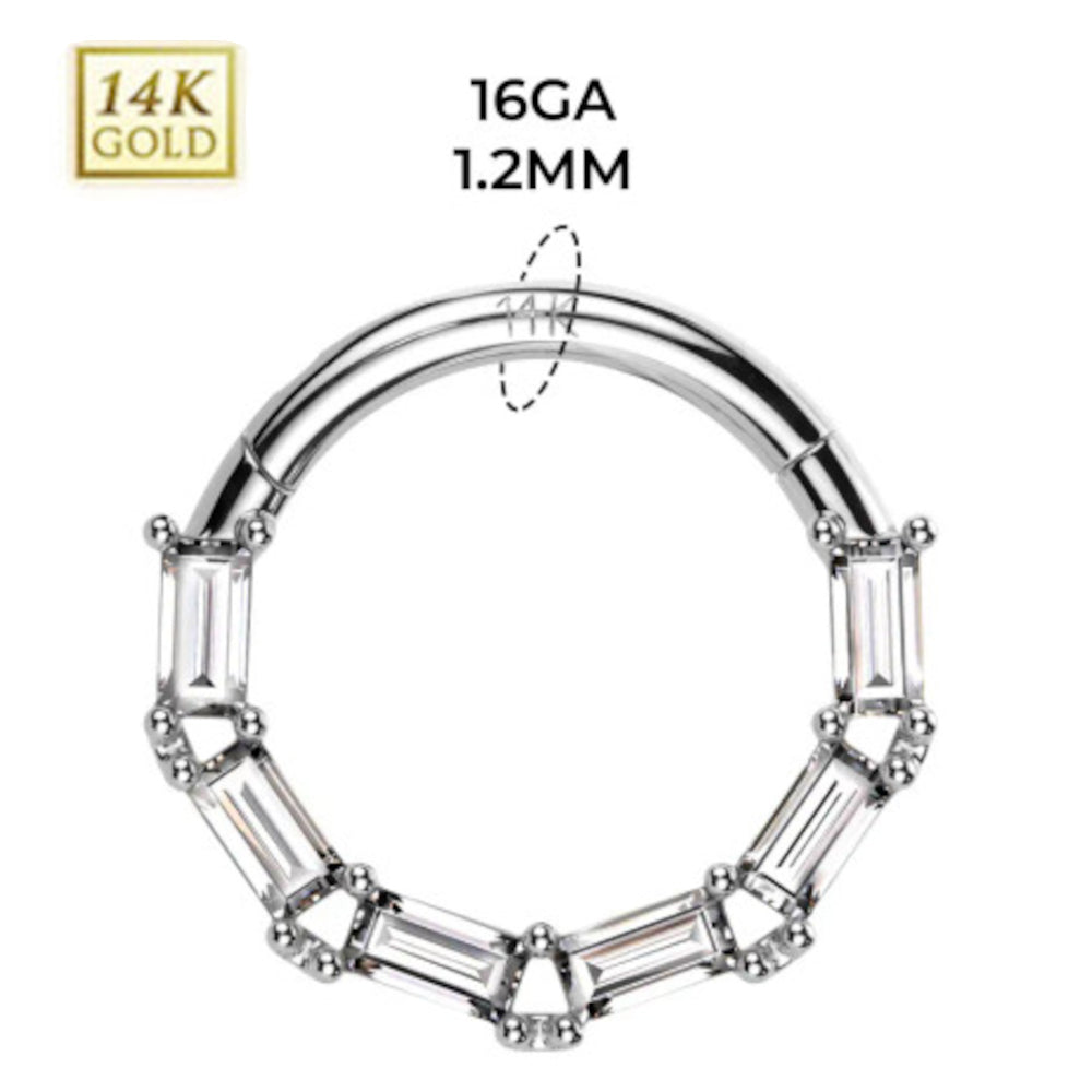 14K Solid Gold 16 Gauge Facing Baguette CZ Hinged Segment Ring