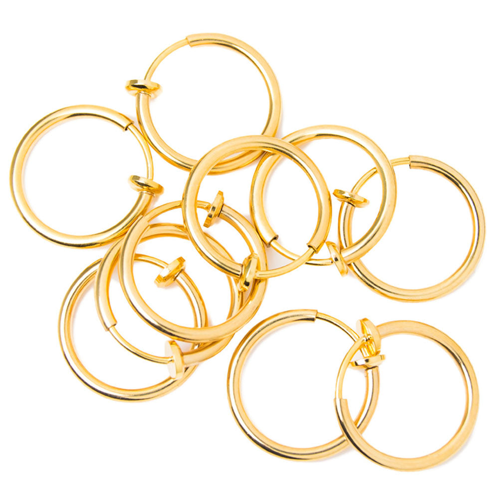 Surgical Steel Gold PVD Spring Loaded Fake Hoop Earrings - 10 Pack