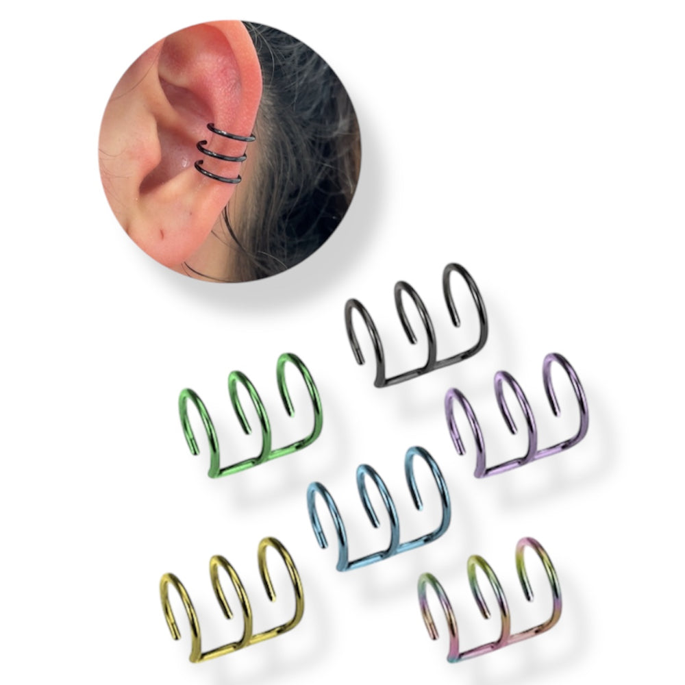 Surgical Steel Triple Hoop Clip On Fake Tragus Earring - Pair