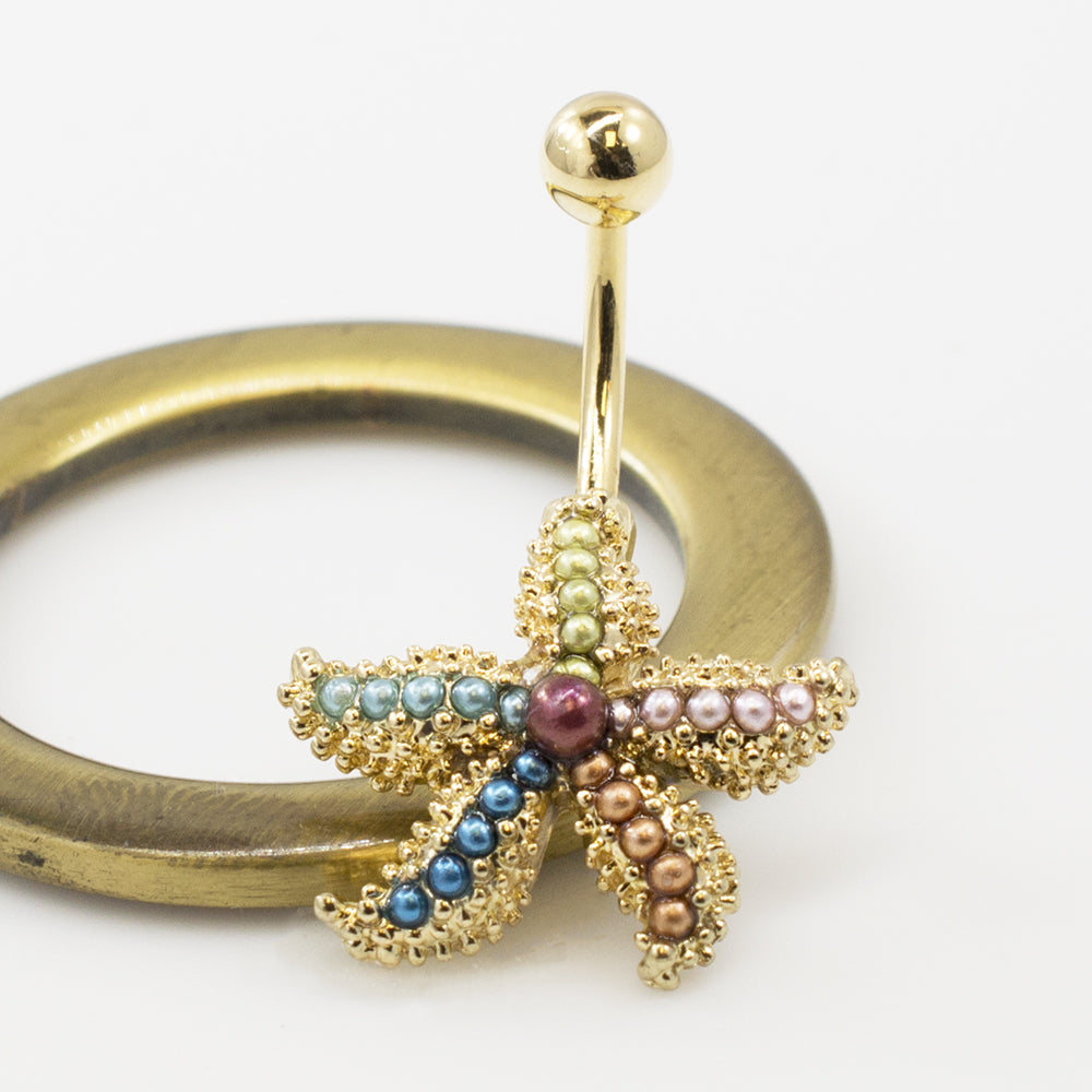 Surgical Steel 14 Gauge Belly Ring with Star Fish and Faux Pearls - photo 4