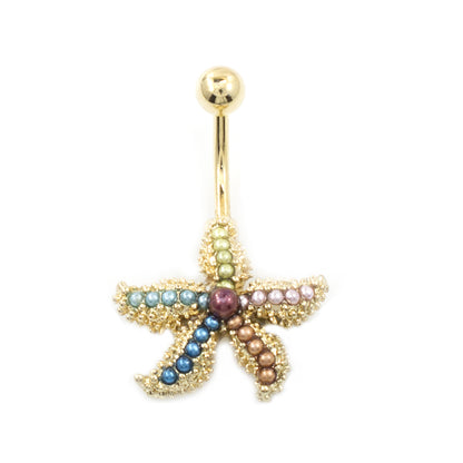 Surgical Steel 14 Gauge Belly Ring with Star Fish and Faux Pearls