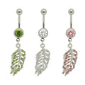 Surgical Steel 14 Gauge Paved CZ Dangling Feather Leaf Belly Ring