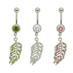 Surgical Steel 14 Gauge Paved CZ Dangling Feather Leaf Belly Ring