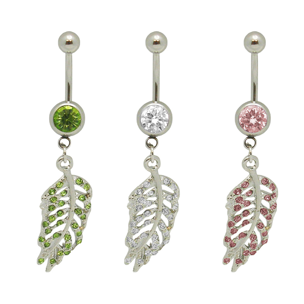 Surgical Steel 14 Gauge Paved CZ Dangling Feather Leaf Belly Ring