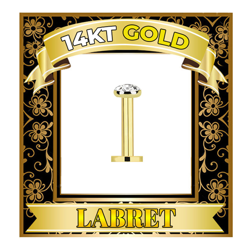 14K Solid Gold Flat Back Labret 16 Gauge 12mm to 16mm with CZ - photo 3