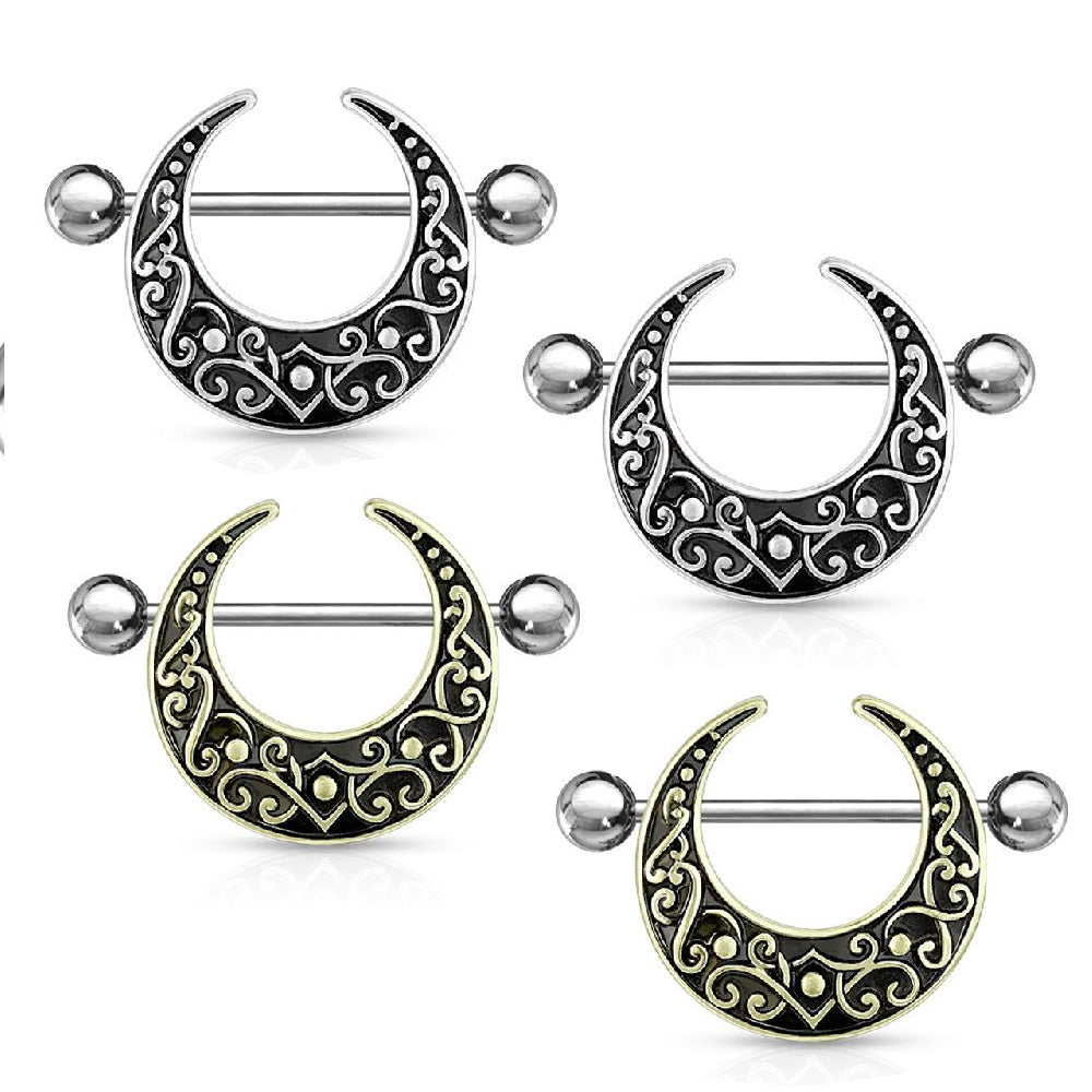 Surgical Steel 14 Gauge Filigree Crescent Moon Nipple Shield - Pair