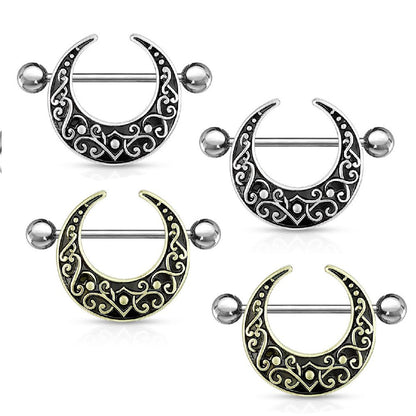 Surgical Steel 14 Gauge Filigree Crescent Moon Nipple Shield - Pair