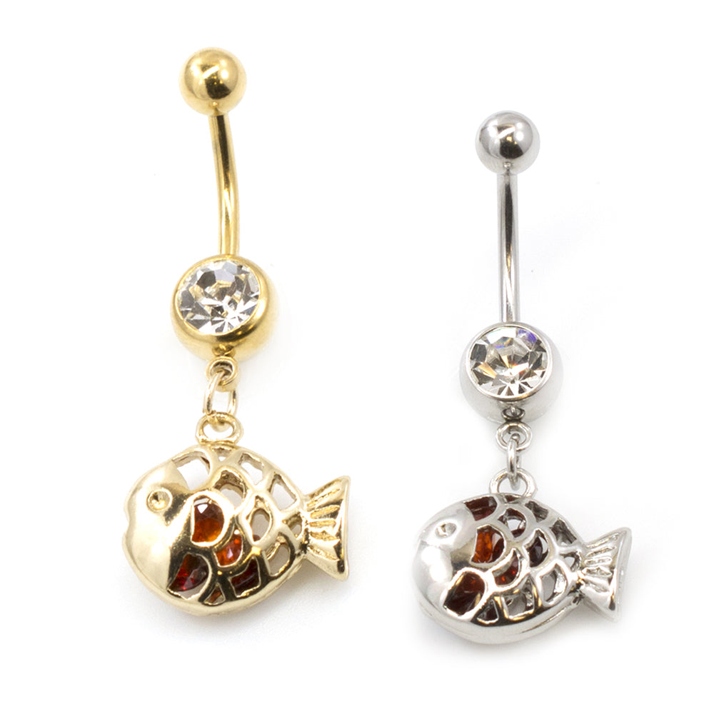 Surgical Steel 14 Gauge Belly Ring with Clear CZ Filigree Fish