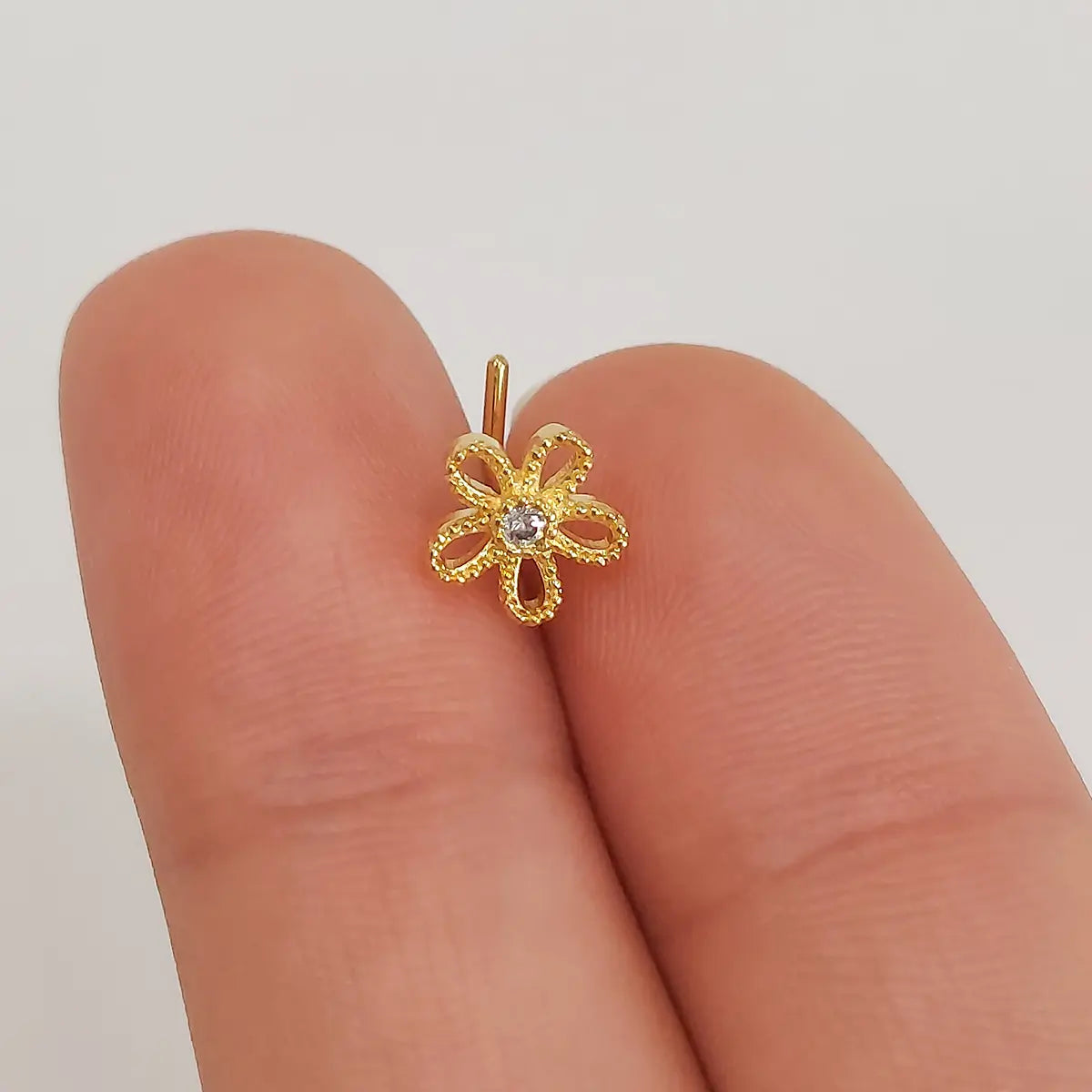 Gold Plated Surgical Steel 20G Clear CZ Flower L Shaped Nose Stud