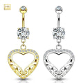 14K Solid Gold 14 Gauge Belly Ring with Dangle Filigree Heart CZ