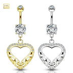 14K Solid Gold 14 Gauge Belly Ring with Dangle Filigree Heart CZ