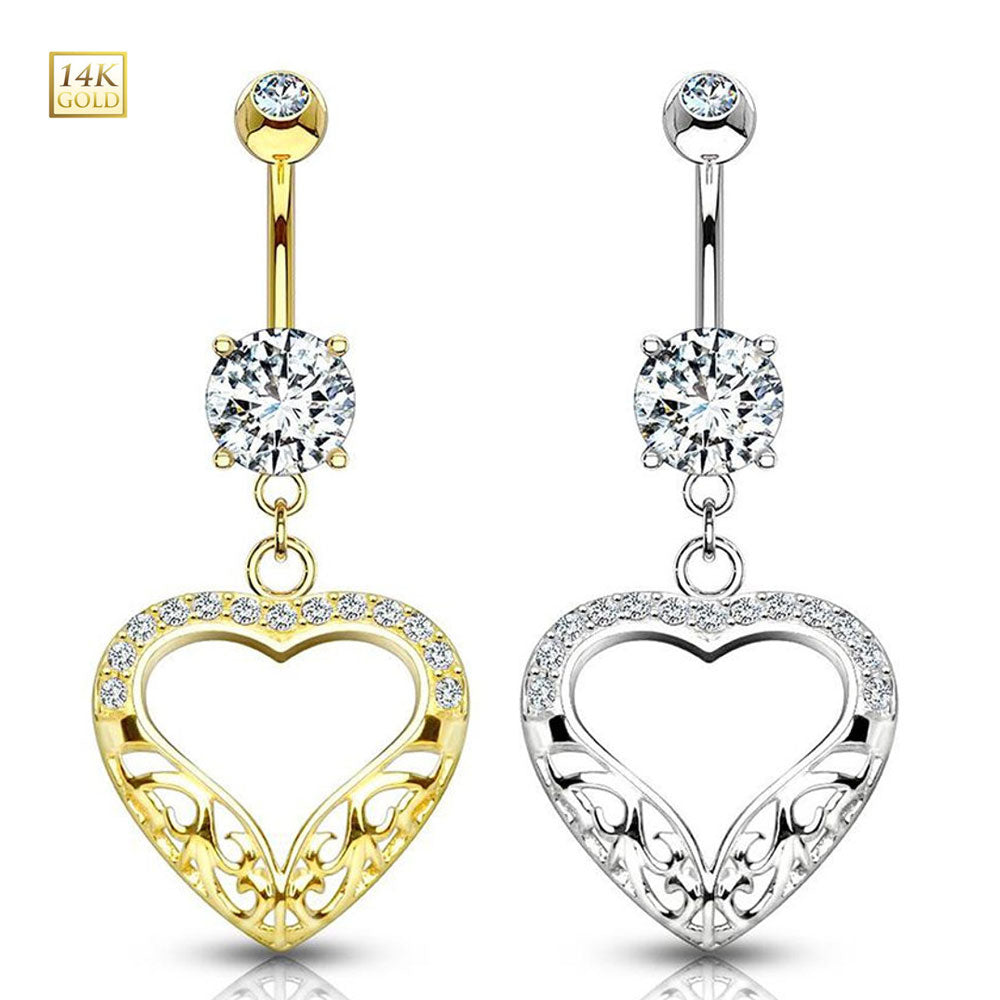 14K Solid Gold 14 Gauge Belly Ring with Dangle Filigree Heart CZ