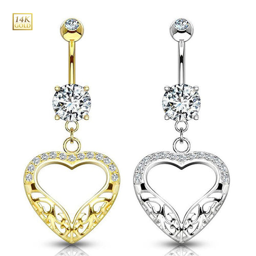 14K Solid Gold 14 Gauge Belly Ring with Dangle Filigree Heart CZ