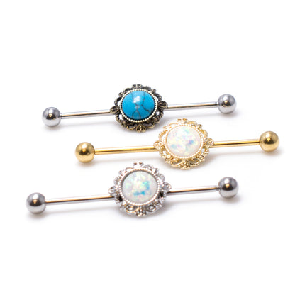 Surgical Steel 14 Gauge Industrial Barbell with Glitter Opal Filigree