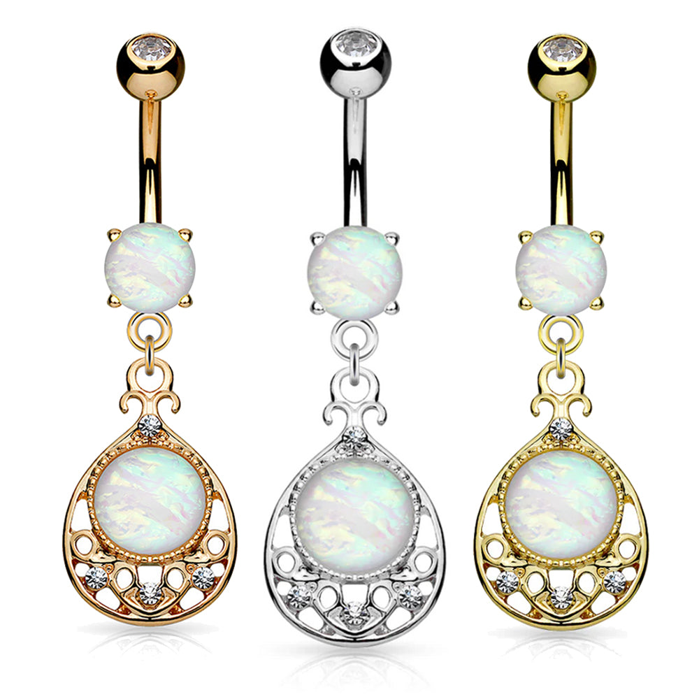 Surgical Steel 14 Gauge Belly Ring with Filigree Opal
