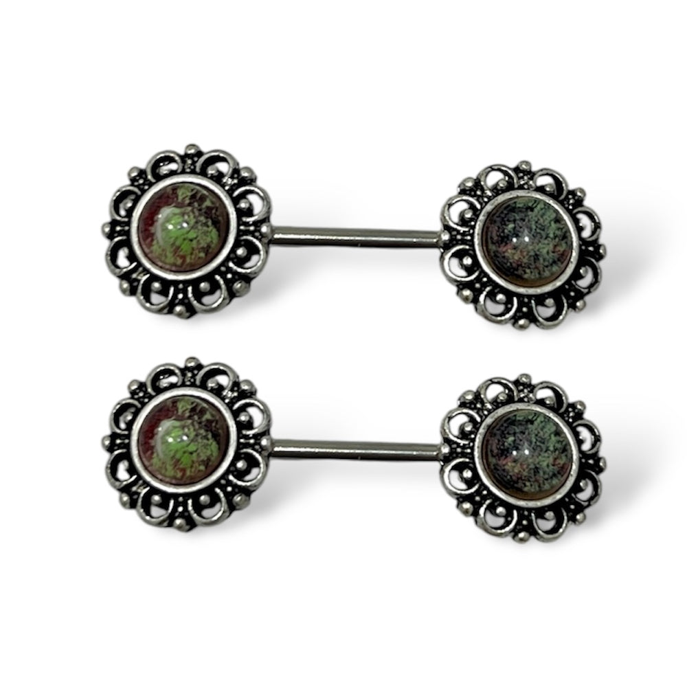 Surgical Steel 14 Gauge Nipple Barbells with Round Opal - Pair