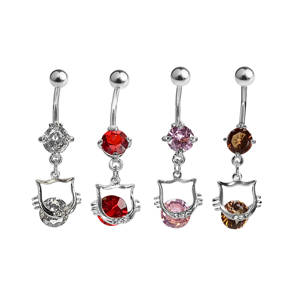 Surgical Steel 14 Gauge Belly Ring with CZ Kitty Cat Dangle
