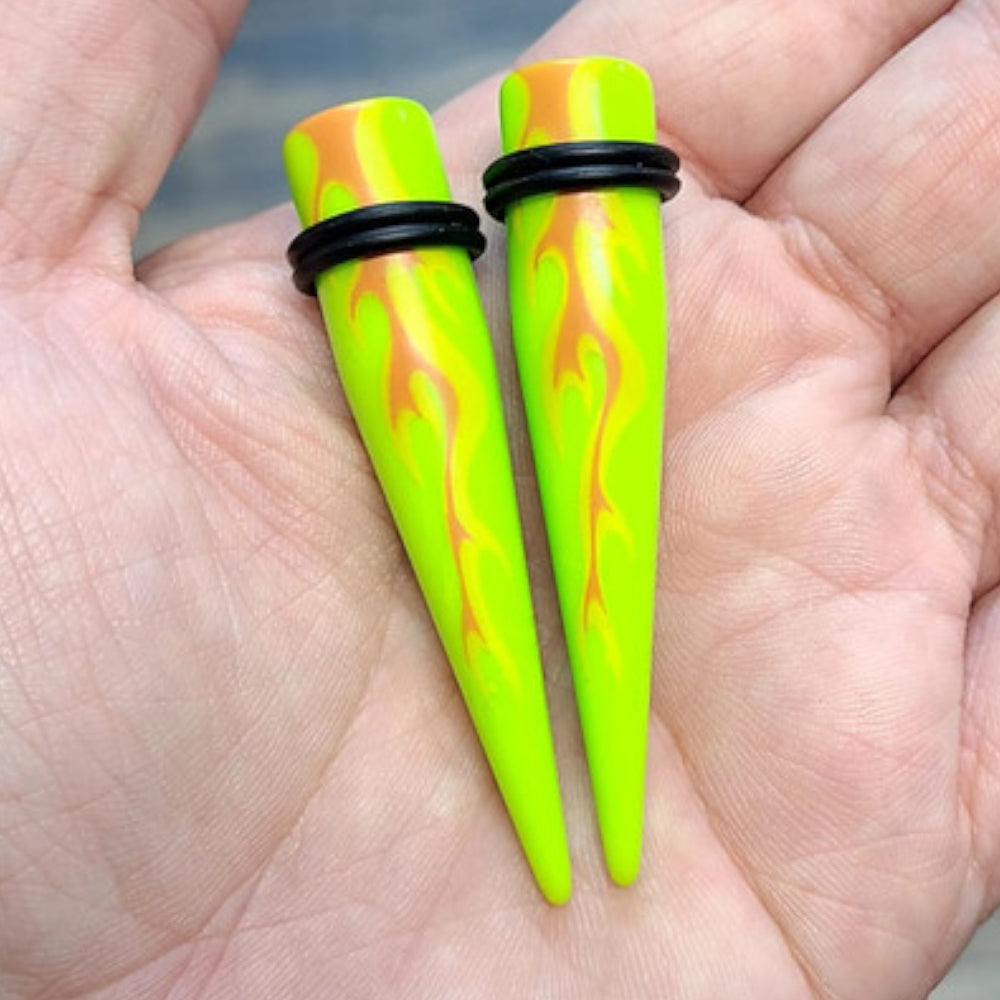 Acrylic 6G to 7/16" Fire Lime Green Ear Tapers Kit - 12 Pack
