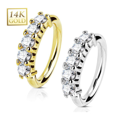 14K Solid Gold 18 and 20 Gauge Bendable Nose Hoop with Five CZ