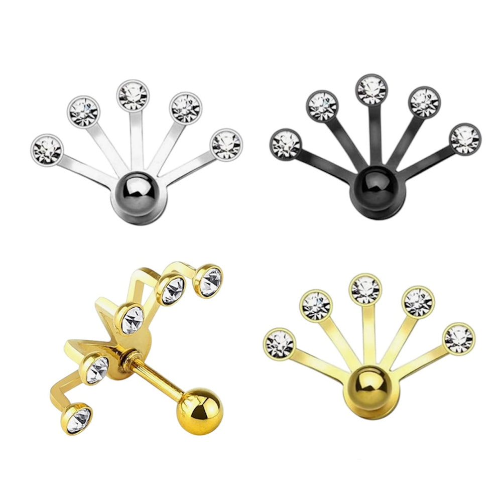 Surgical Steel 16 Gauge Cartilage Barbell with Five Fan Hanger CZ