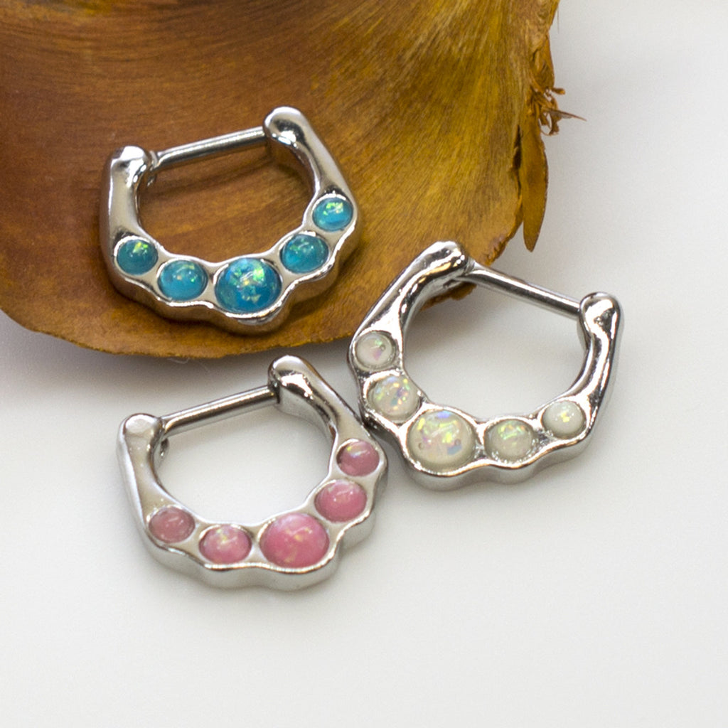Surgical Steel Hinged Segment Hoop Septum Ring 16 Gauge & 5 Opal Gem - Kruelty - Photo 2