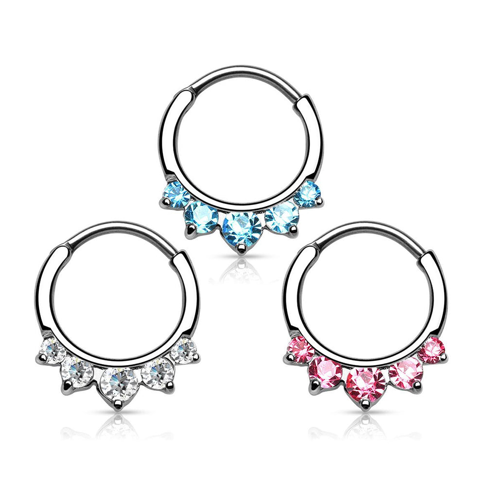 Surgical Steel 14 & 16 Gauge Five Paved CZ Septum Clicker Hoop