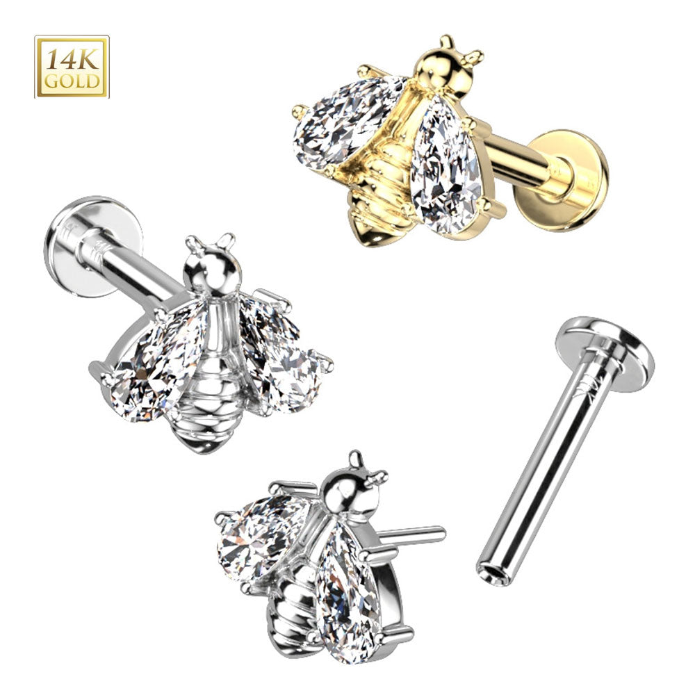 14K Solid Gold 16 Gauge Threadless CZ Wing Bee Labret Stud