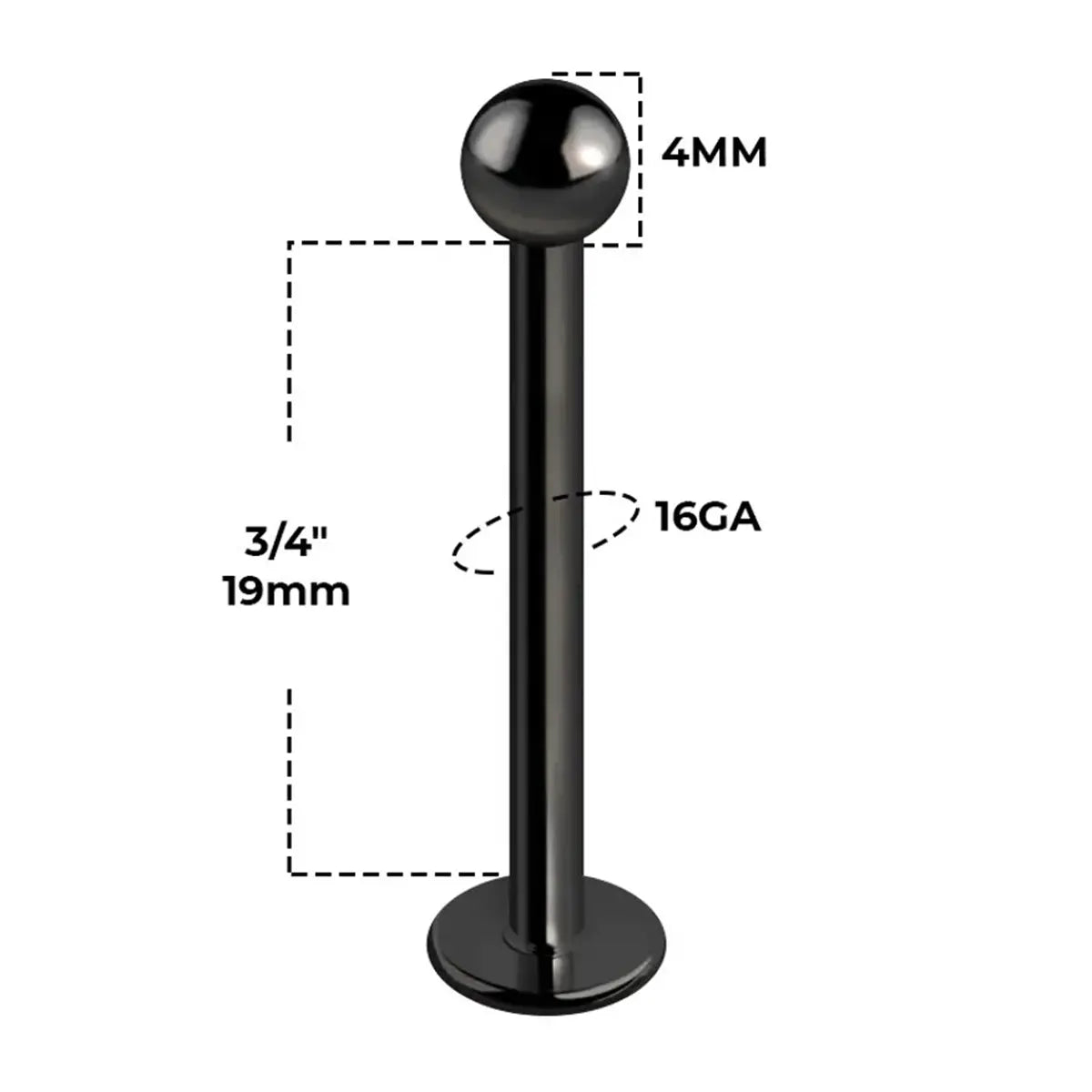 Surgical Steel 16 Gauge Black Flat Back Labret Stud