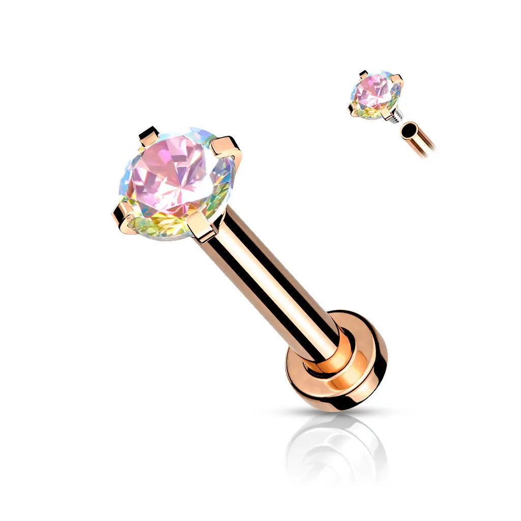 Surgical Steel 18 Gauge Prong CZ Top Flat Back Labret Stud - Style 2