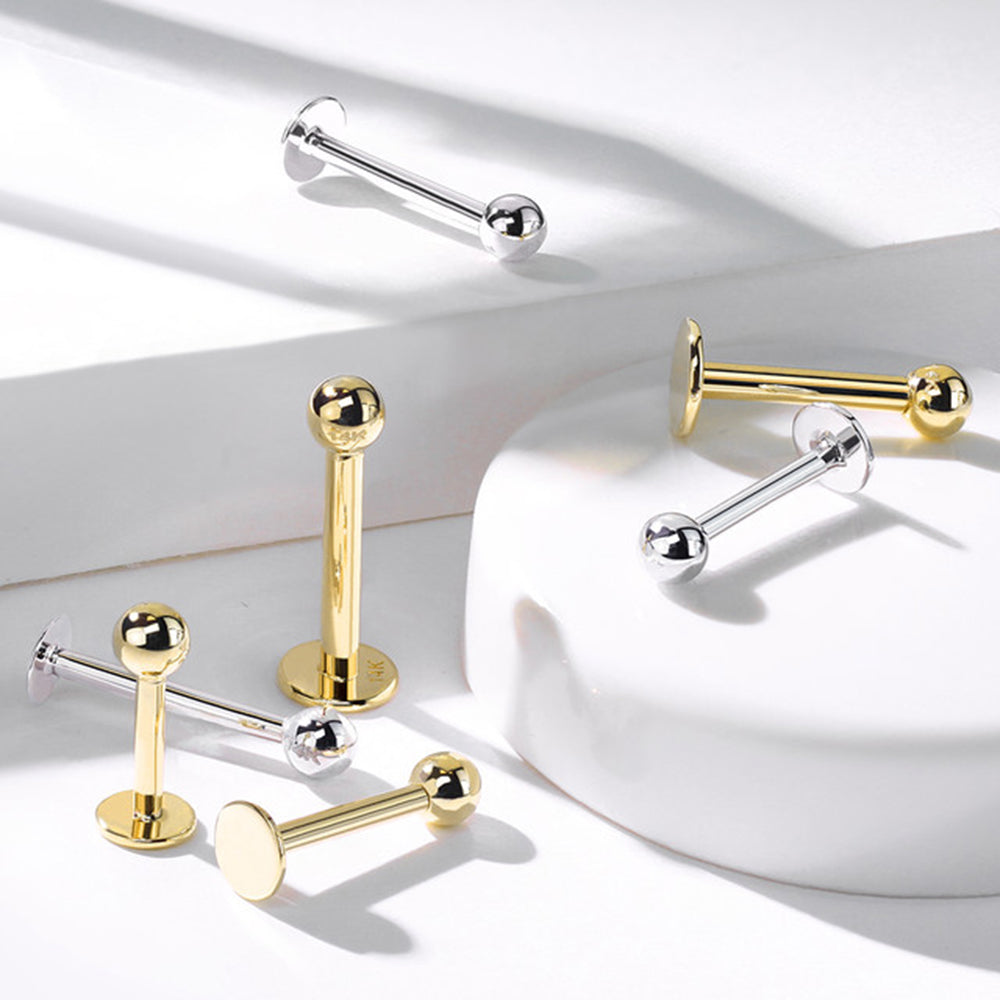 14K Solid Gold 16 & 14 Gauge Flat Back Labret Stud with Ball End - photo 3