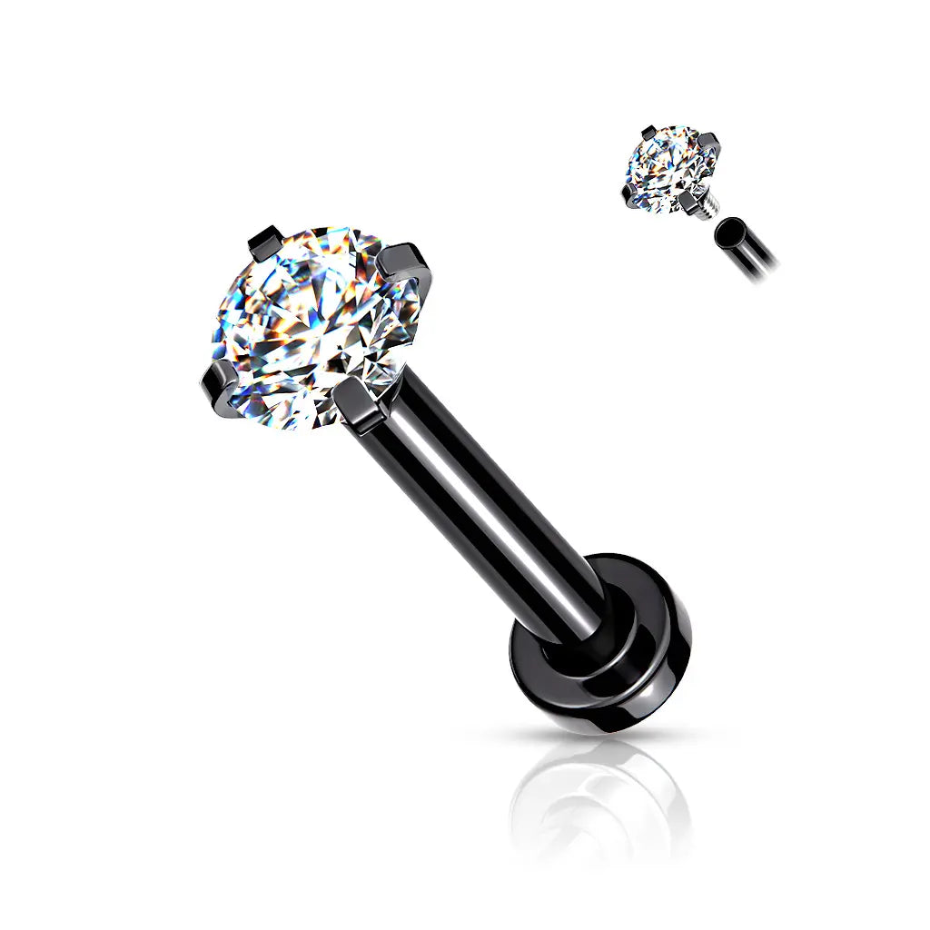 Surgical Steel 18 Gauge Prong CZ Top Flat Back Labret Stud - Style 2