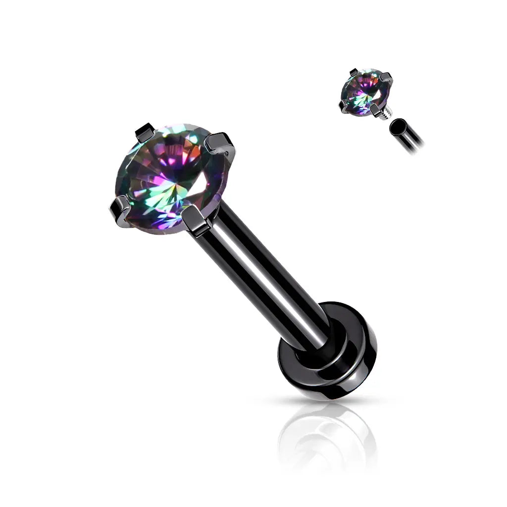 Surgical Steel 18 Gauge Prong CZ Top Flat Back Labret Stud - Style 2
