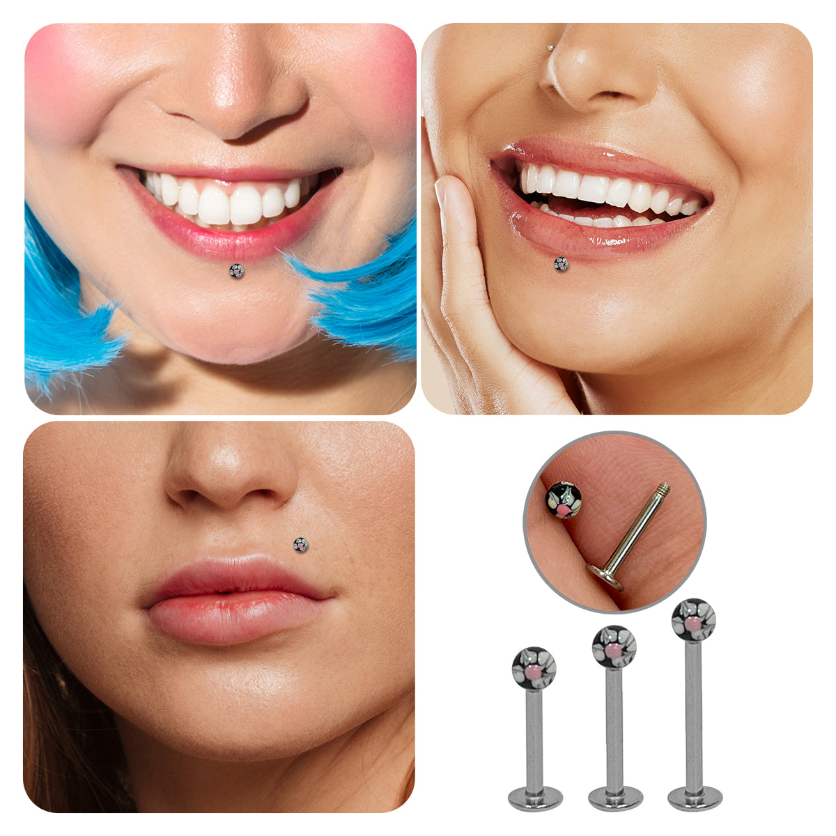 Surgical Steel 16 Gauge Hand Painted Flower Ball Flat Back Labret